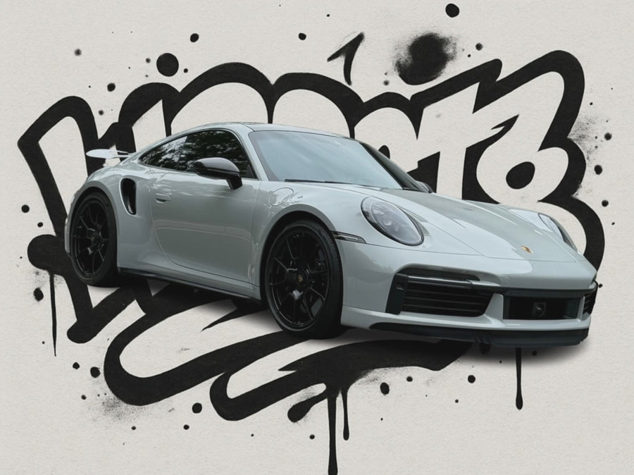 White Porsche 911 Turbo S custom wrapped by WrapState with graffiti WRPST8 background – Dream Wrap Giveaway NJ & FL
